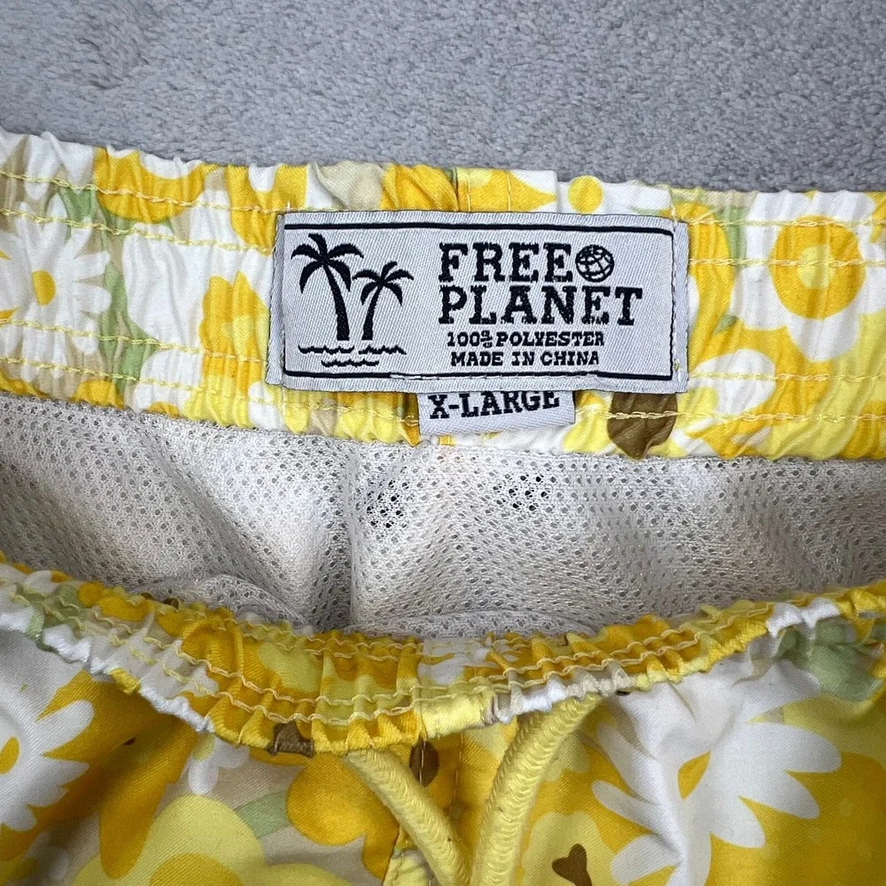Free Planet Swim Trunks Mens XL Yellow Floral Retro Board Shorts 6in Inseam